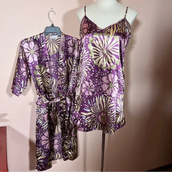 Vintage retro Asian floral royal purple green satin mini slip dress Robe set - Picture 3 of 16